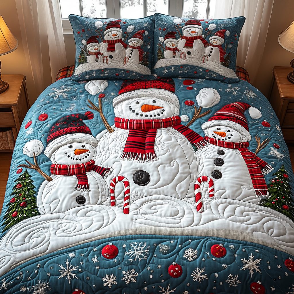 Icy Embrace quilted 3-piece bedding set on a made bed in a winter-styled bedroom