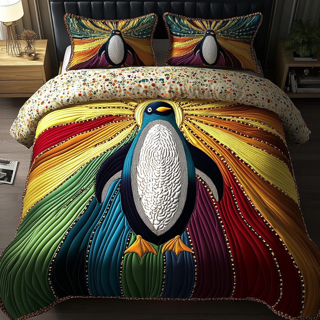 Icy Explorer quilted 3-piece bedding set on a made bed in a winter-styled bedroom