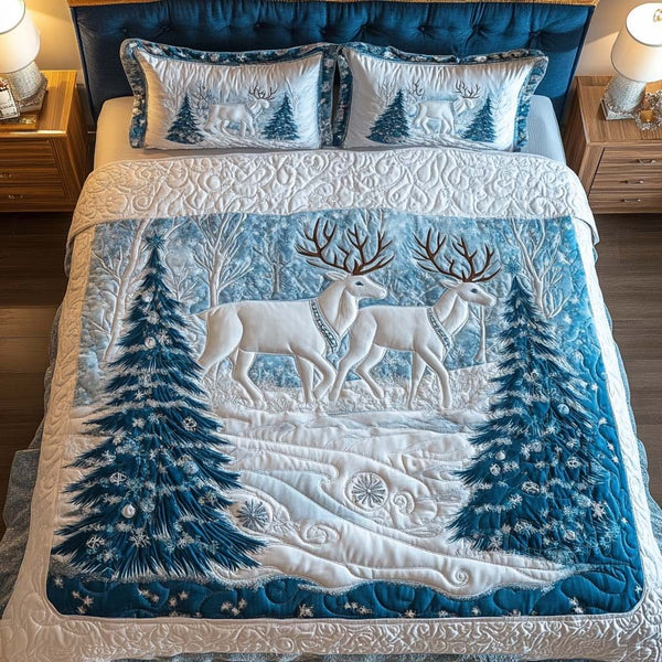 Icy Landscape quilted 3-piece bedding set on a made bed in a winter-styled bedroom