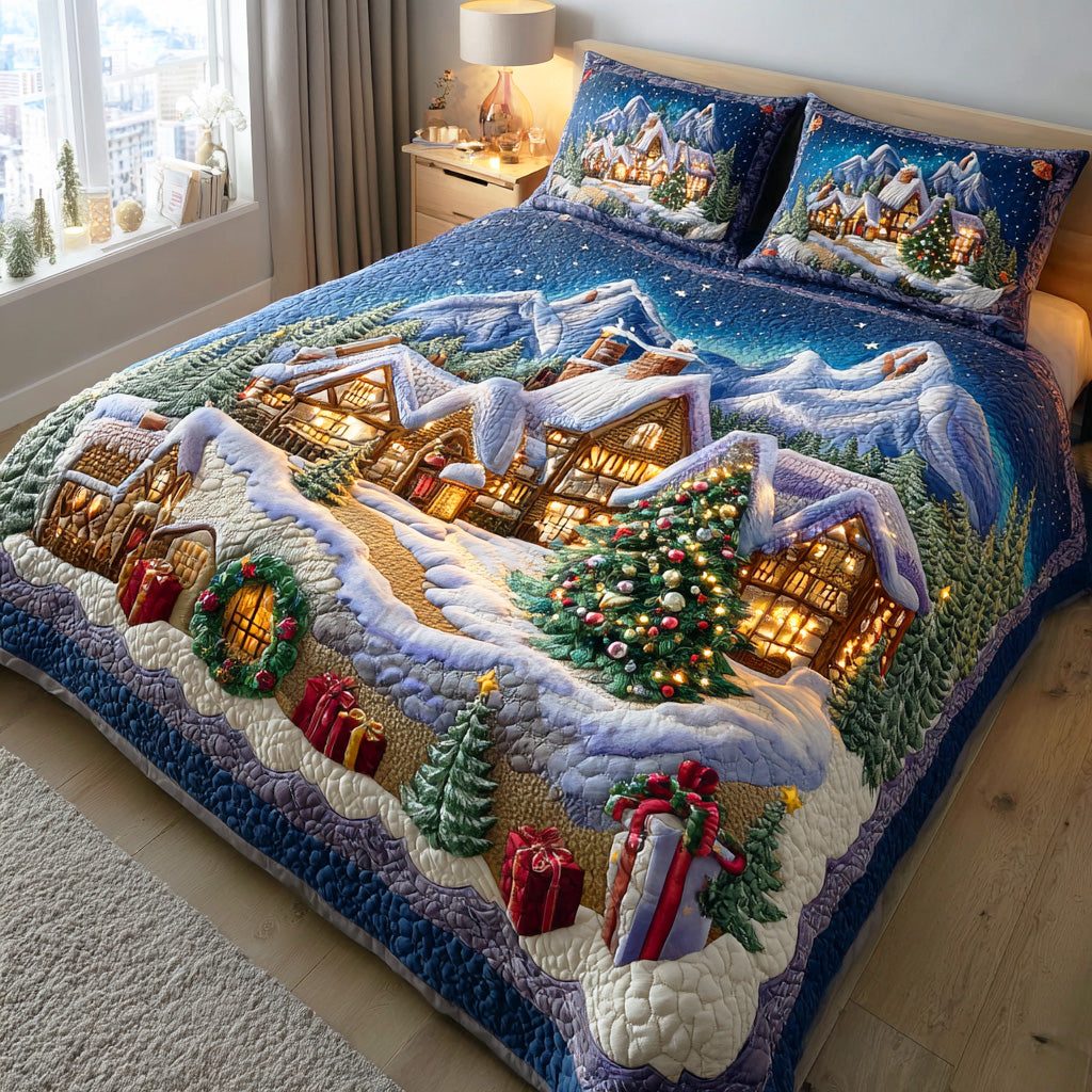 Icy Twilight quilted 3-piece bedding set on a made bed in a winter-styled bedroom