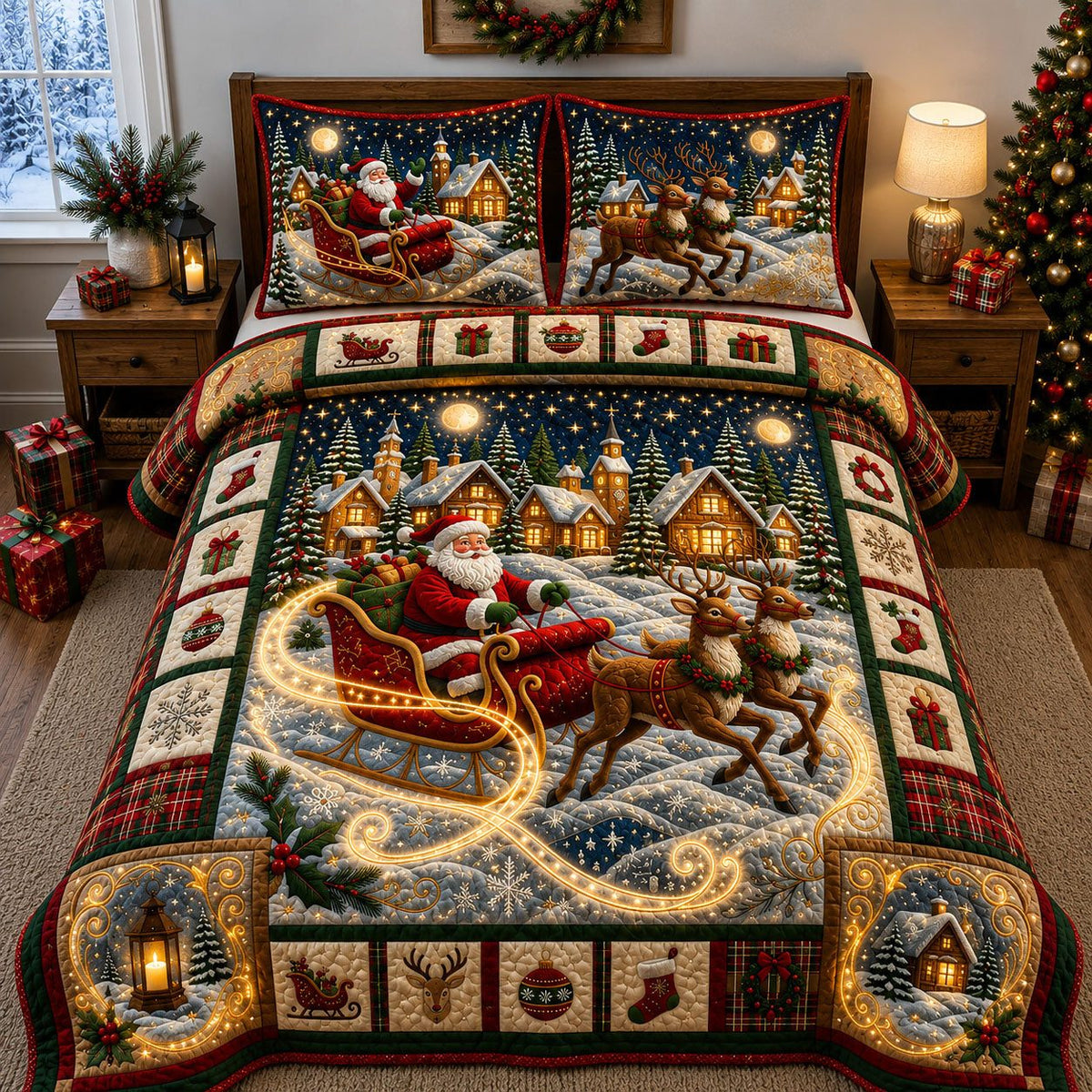 Illuminated Christmas quilted 3-piece bedding set on a made bed in a winter-styled bedroom