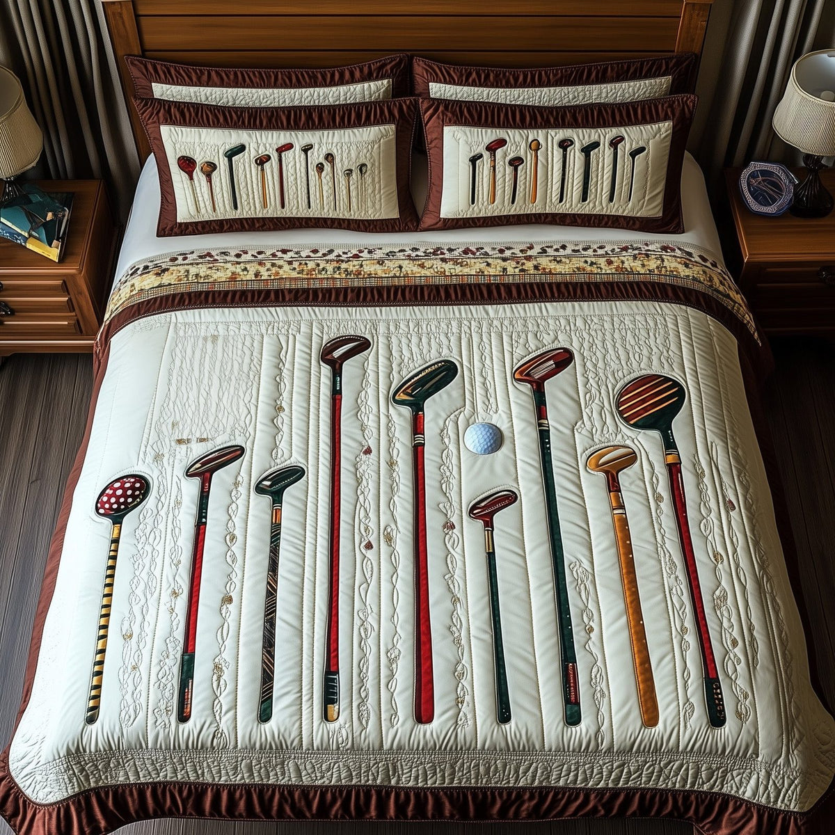 In the Golf Bag quilted 3-piece bedding set on a made bed with two matching pillow shams