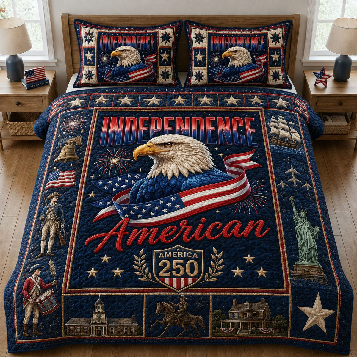 Independence America quilted 3-piece bedding set on a made bed in a warmly lit bedroom