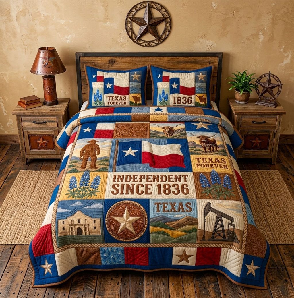 Independent Since 1836 Texas Heritage quilted 3-piece bedding set on a made bed in a rustic timber bedroom