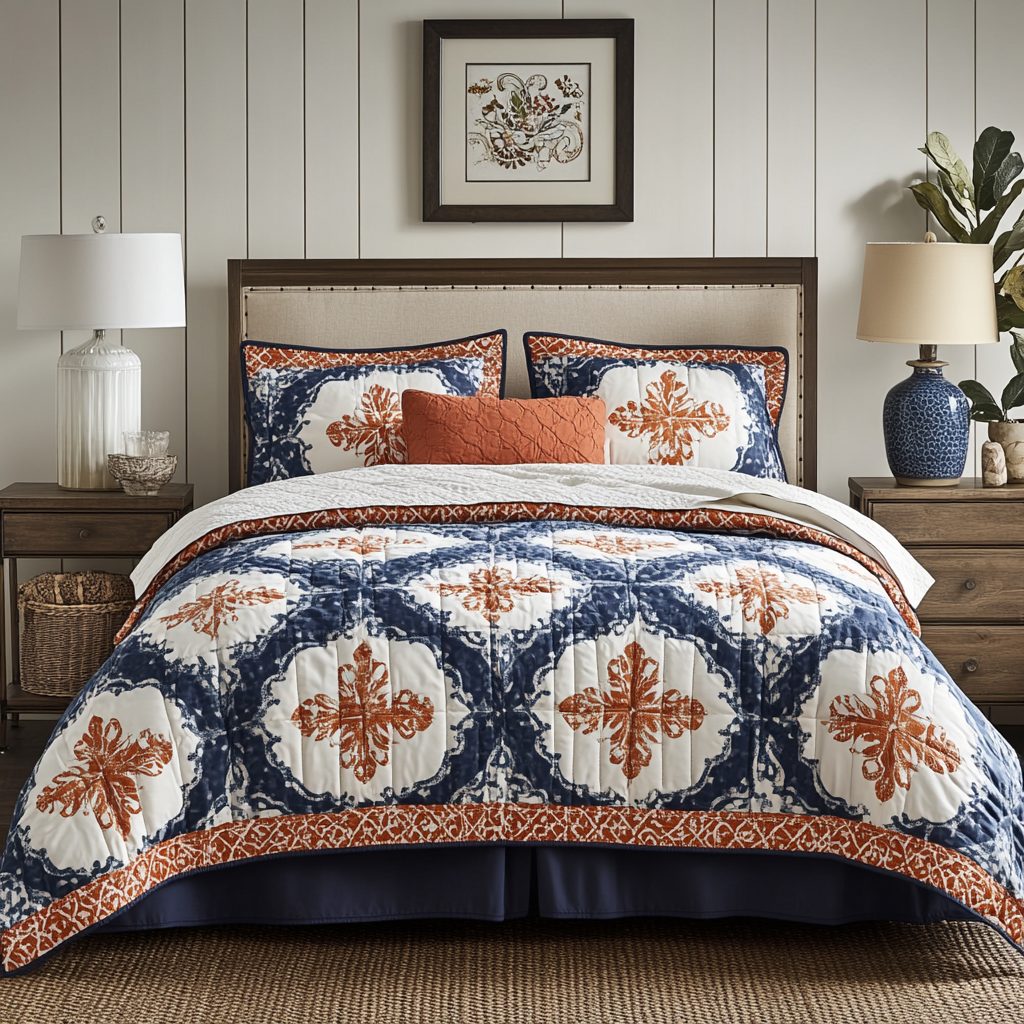Indigo Charm quilted 3-piece bedding set on a made bed with two matching pillow shams
