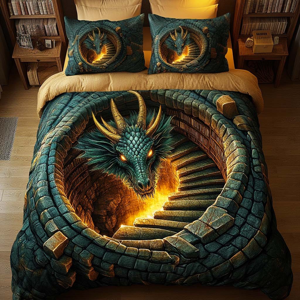 Inferno Descent quilted 3-piece bedding set on a made bed with two matching pillow shams