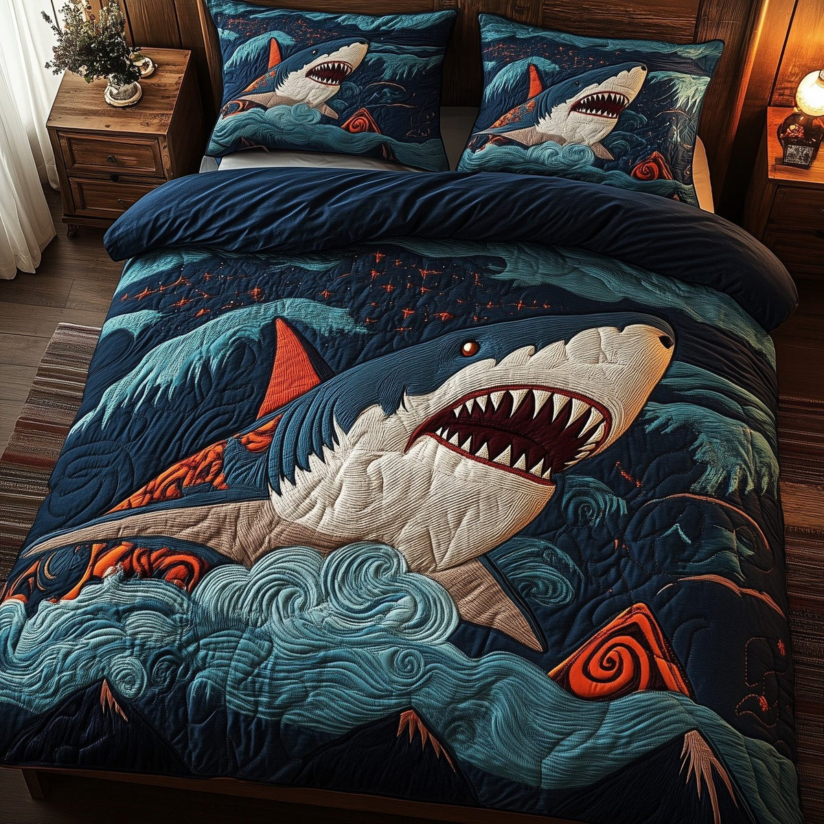 Inferno Shark quilted 3-piece bedding set on a made bed with two matching pillow shams