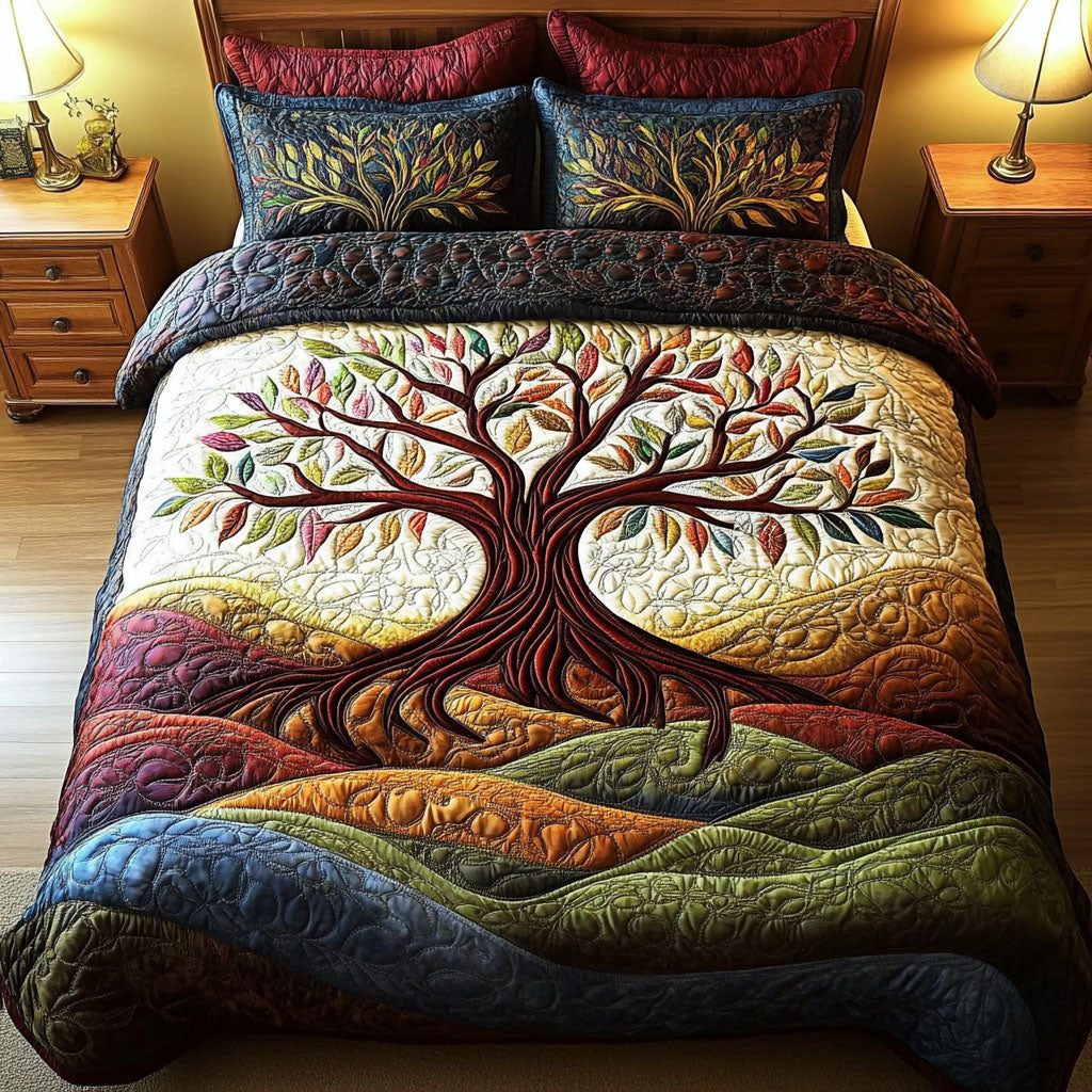 Infinite Growth quilted 3-piece bedding set on a made bed with two matching pillow shams