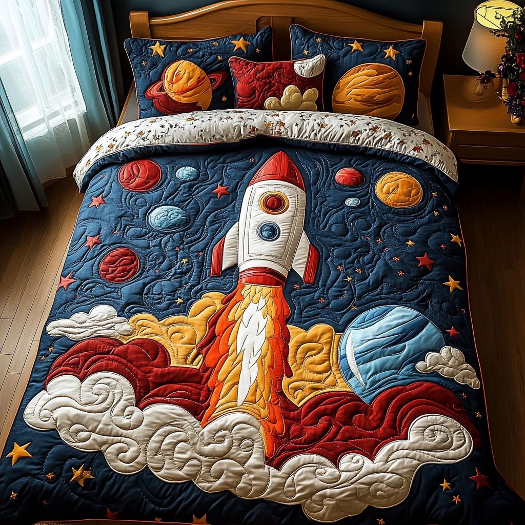 Infinite Journey quilted 3-piece bedding set on a made bed with two matching pillow shams