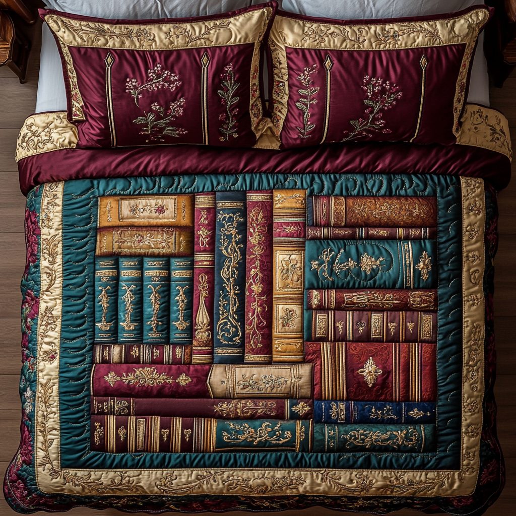 Ink And Imagination quilted 3-piece bedding set on a made bed with two matching pillow shams