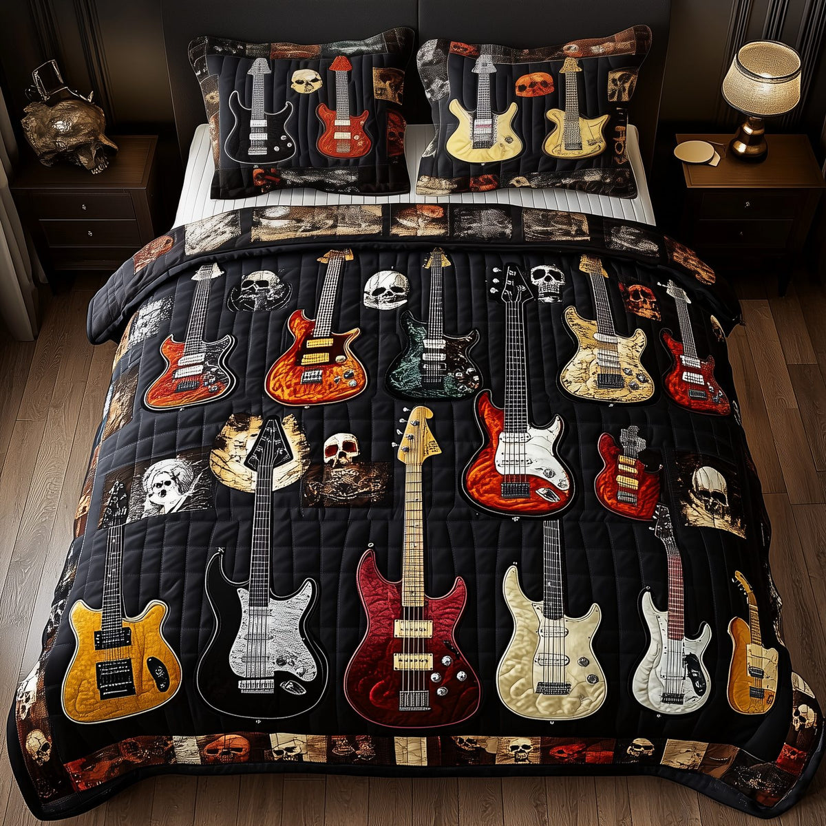 Intricate Electric Guitars quilted 3-piece bedding set on a made bed with two matching pillow shams