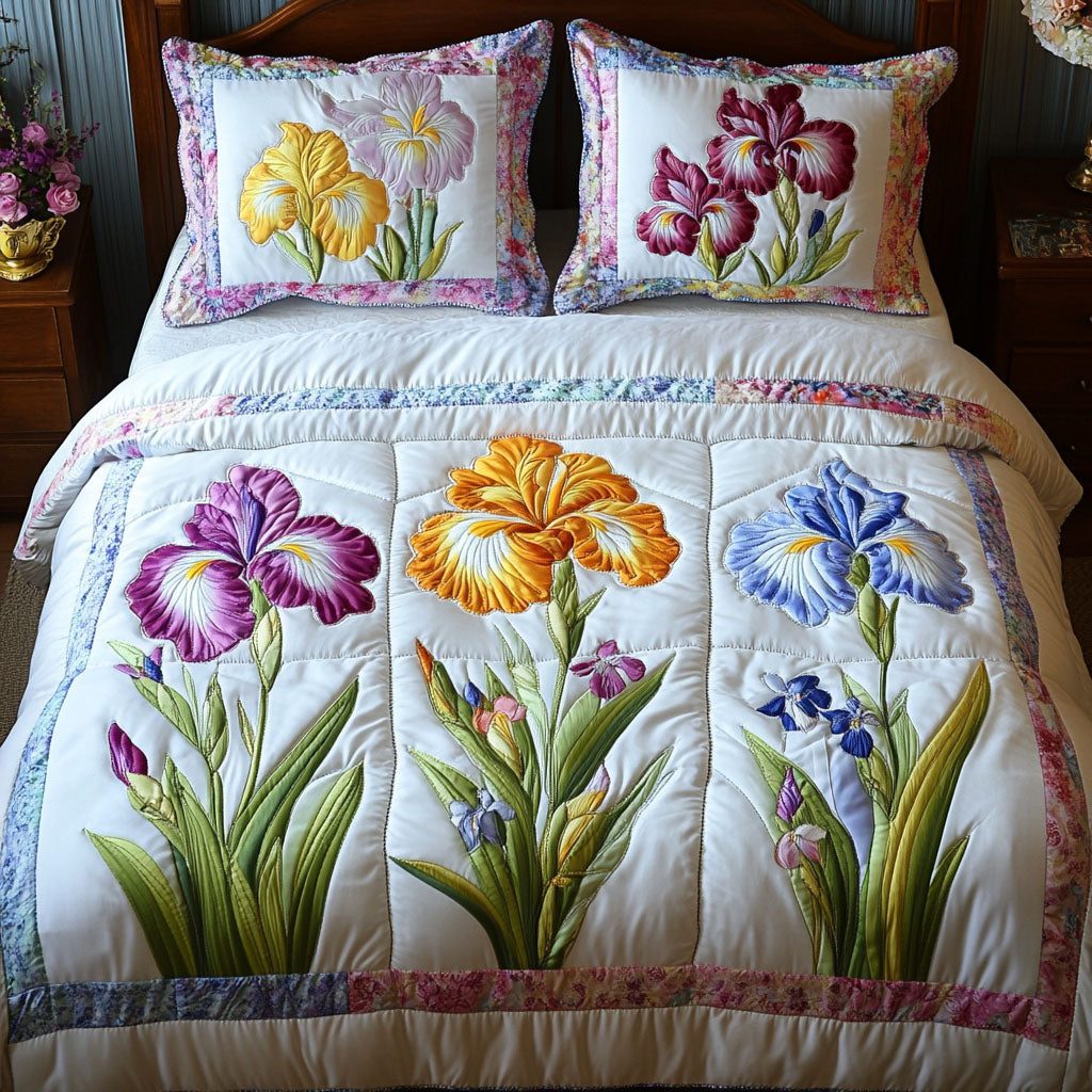 Iridescent Blooms quilted 3-piece bedding set on a made bed with two matching pillow shams
