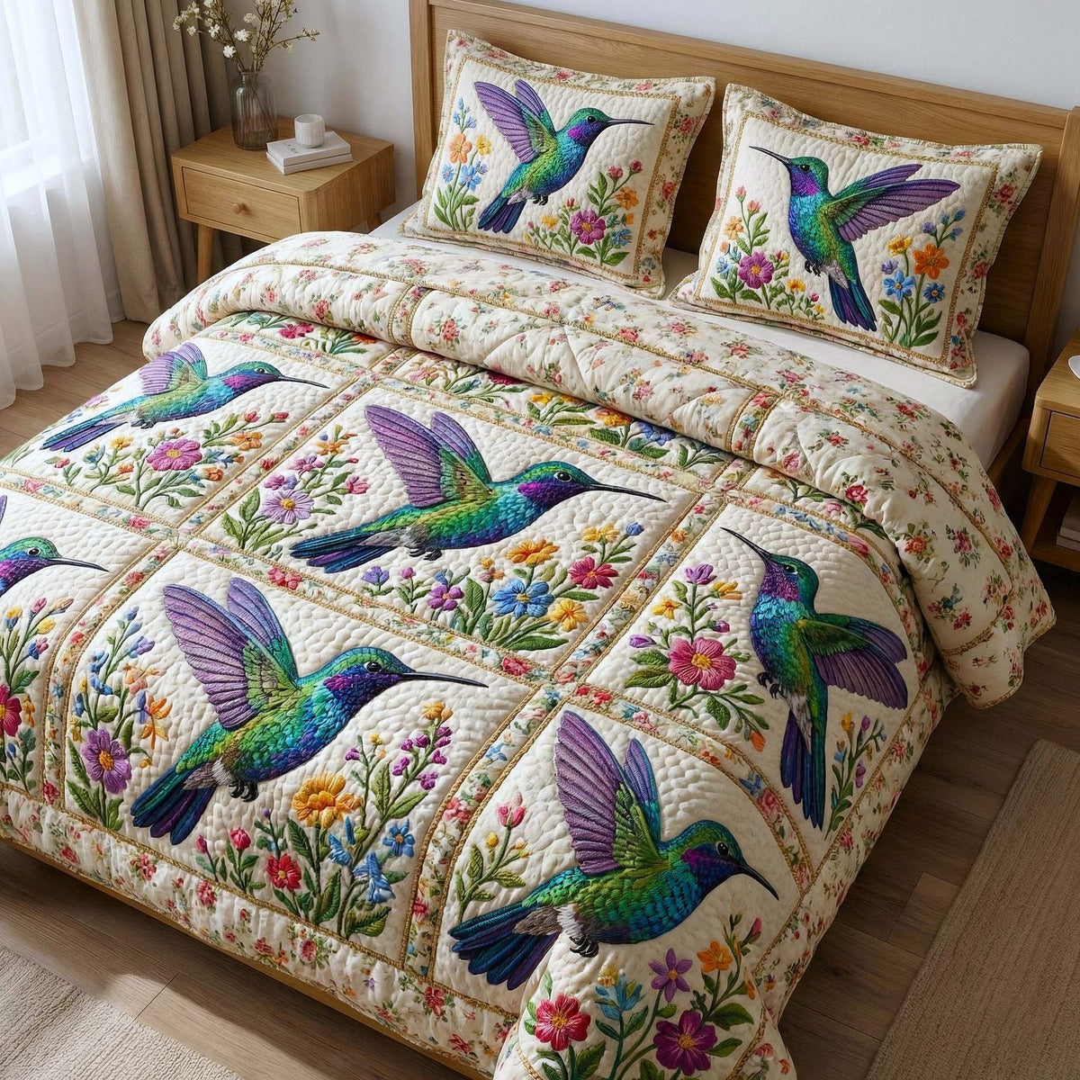 Iridescent Drift quilted 3-piece bedding set on a made bed with two matching pillow shams
