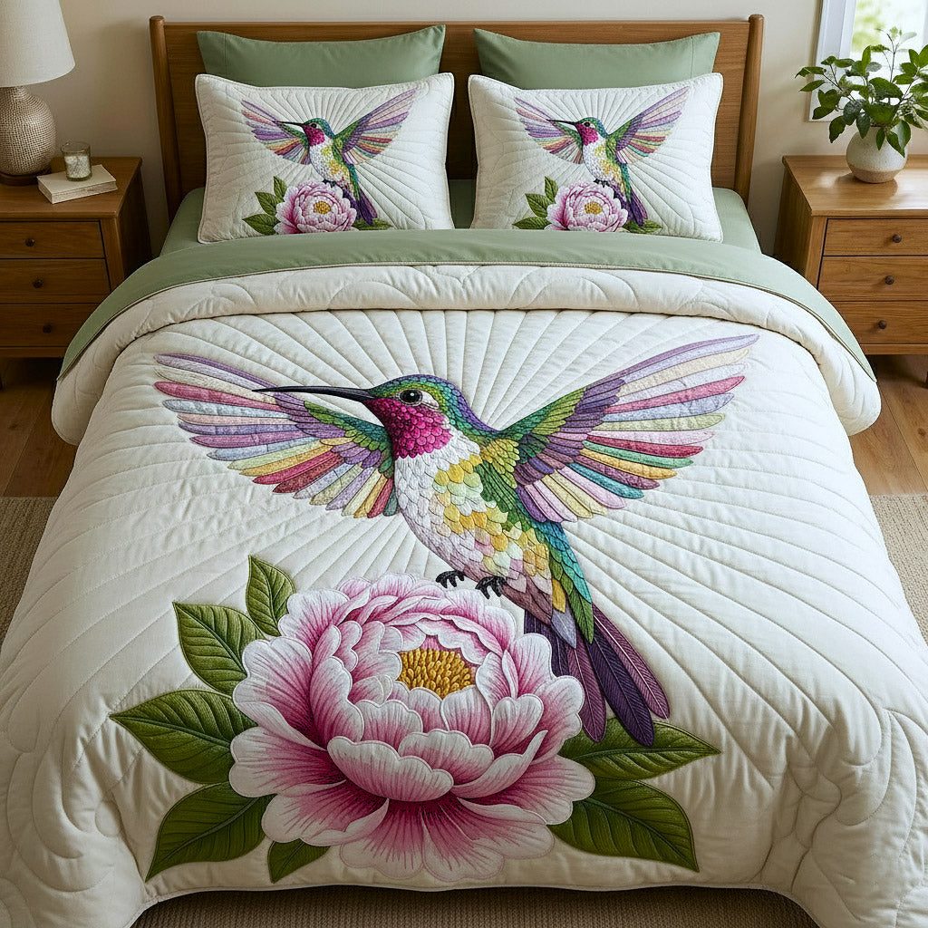 Iridescent Flutter quilted 3-piece bedding set on a made bed with two matching pillow shams