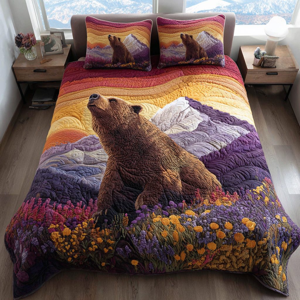 Iris Bear Howl quilted 3-piece bedding set on a made bed with two matching pillow shams