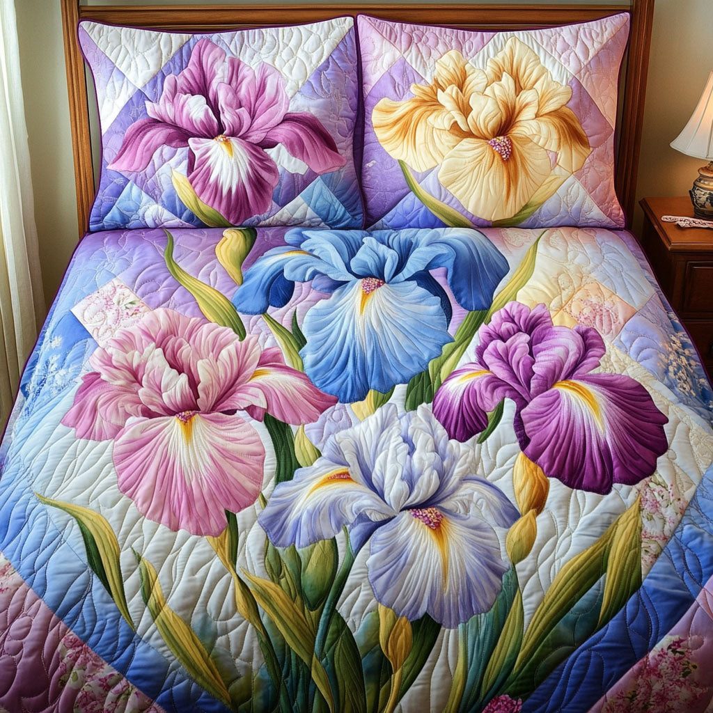 Iris Garden quilted 3-piece bedding set on a made bed with two matching pillow shams