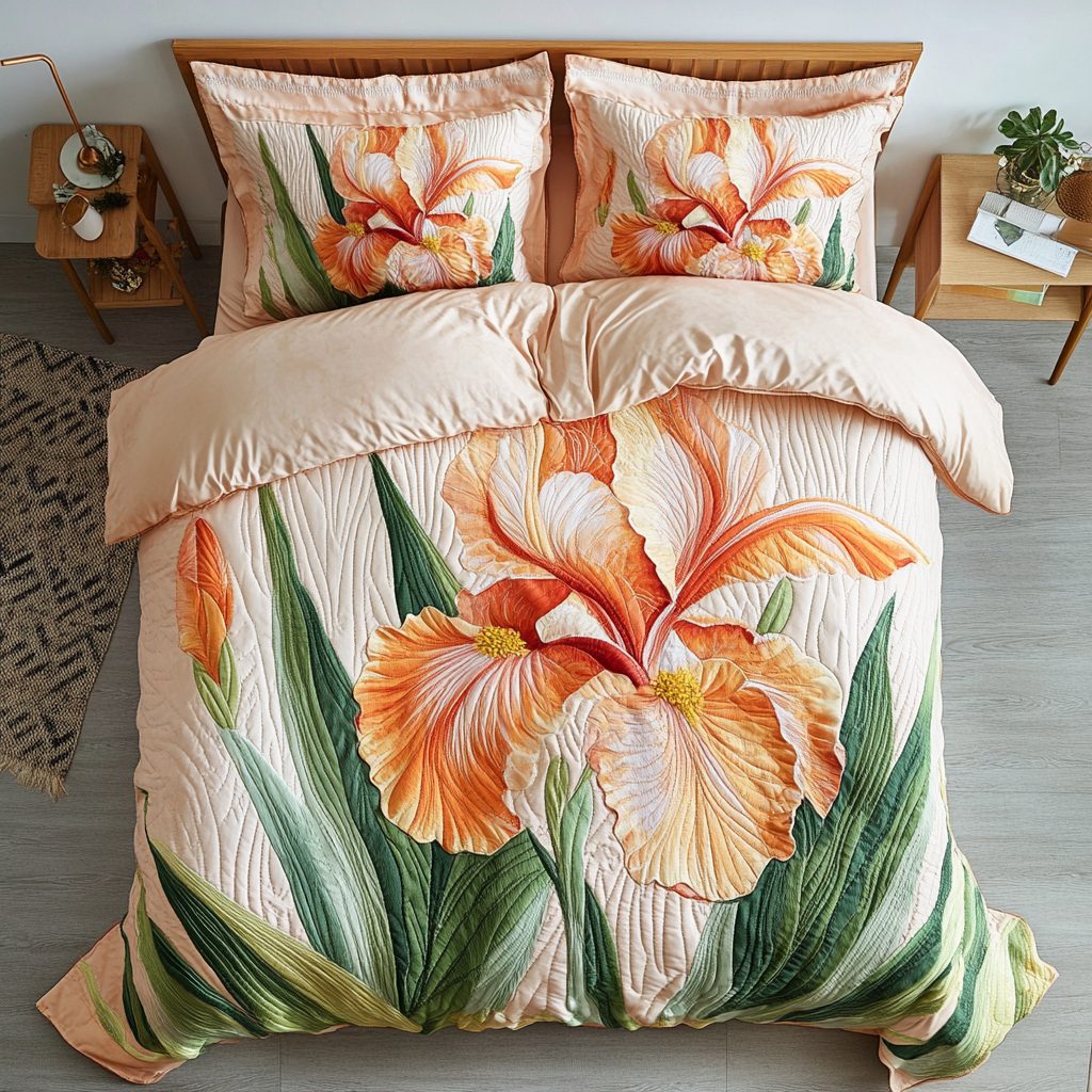 Iris Garden quilted 3-piece bedding set on a made bed with two matching pillow shams