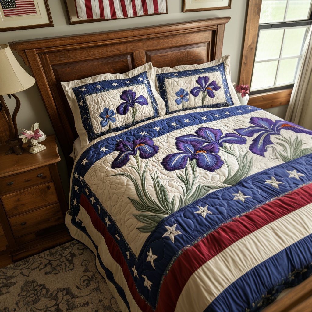 Iris Glory quilted 3-piece bedding set on a made bed with two matching pillow shams
