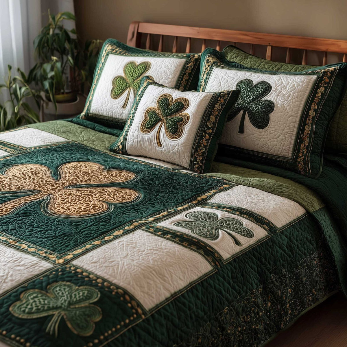 Irish Blessings quilted 3-piece bedding set on a made bed with two matching pillow shams