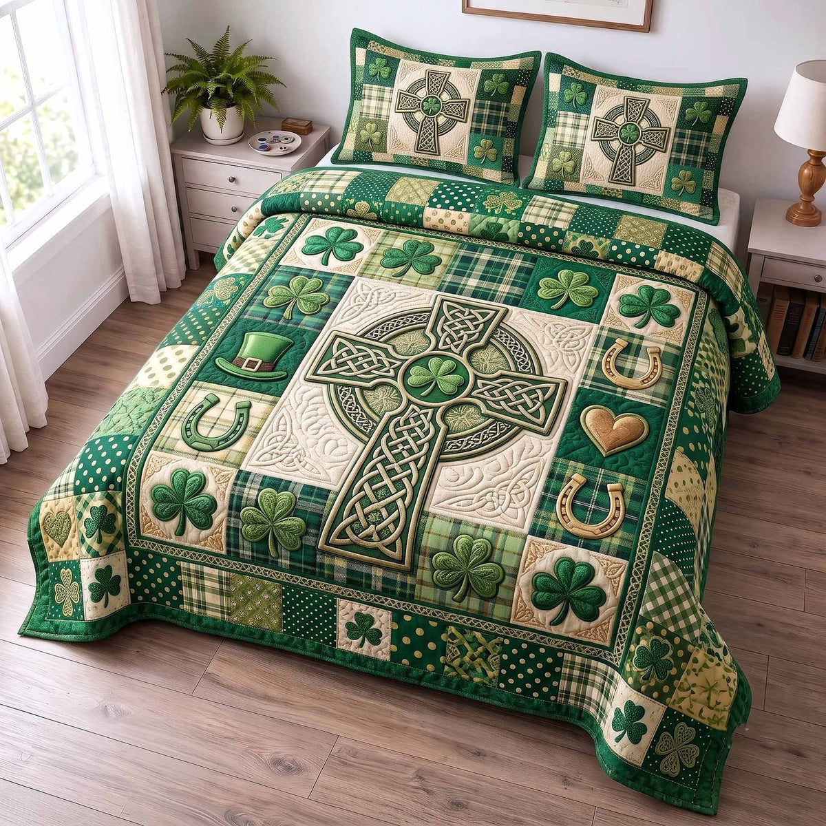 Irish Blessings quilted 3-piece bedding set on a made bed with two matching pillow shams