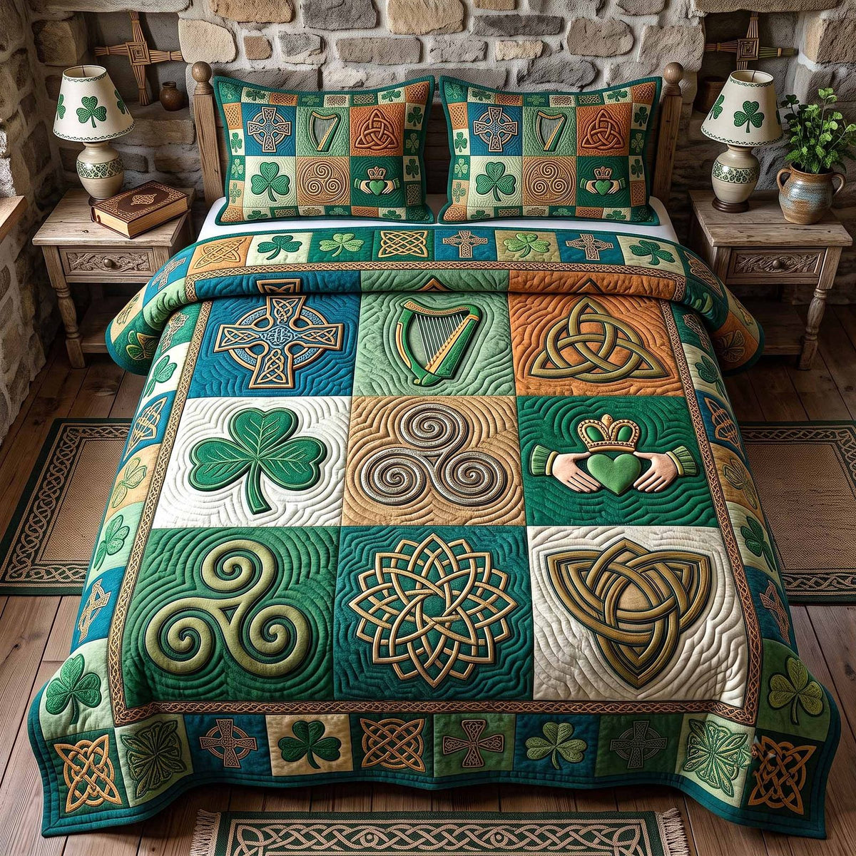 Irish Blessings quilted 3-piece bedding set on a made bed with two matching pillow shams