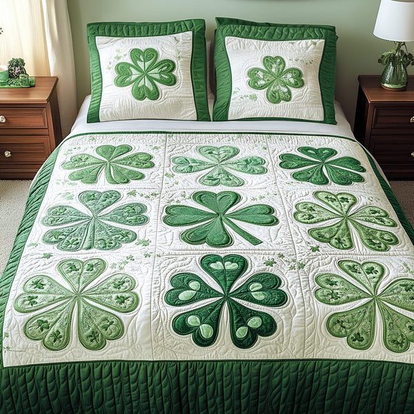 Irish Essence quilted 3-piece bedding set on a made bed with two matching pillow shams