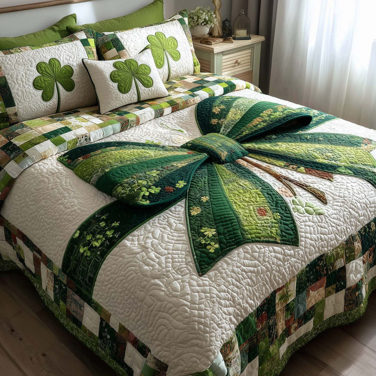Irish Fortune quilted 3-piece bedding set on a made bed with two matching pillow shams