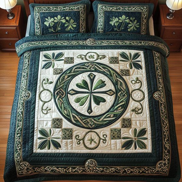 Irish Heritage quilted 3-piece bedding set on a made bed in a farmhouse bedroom