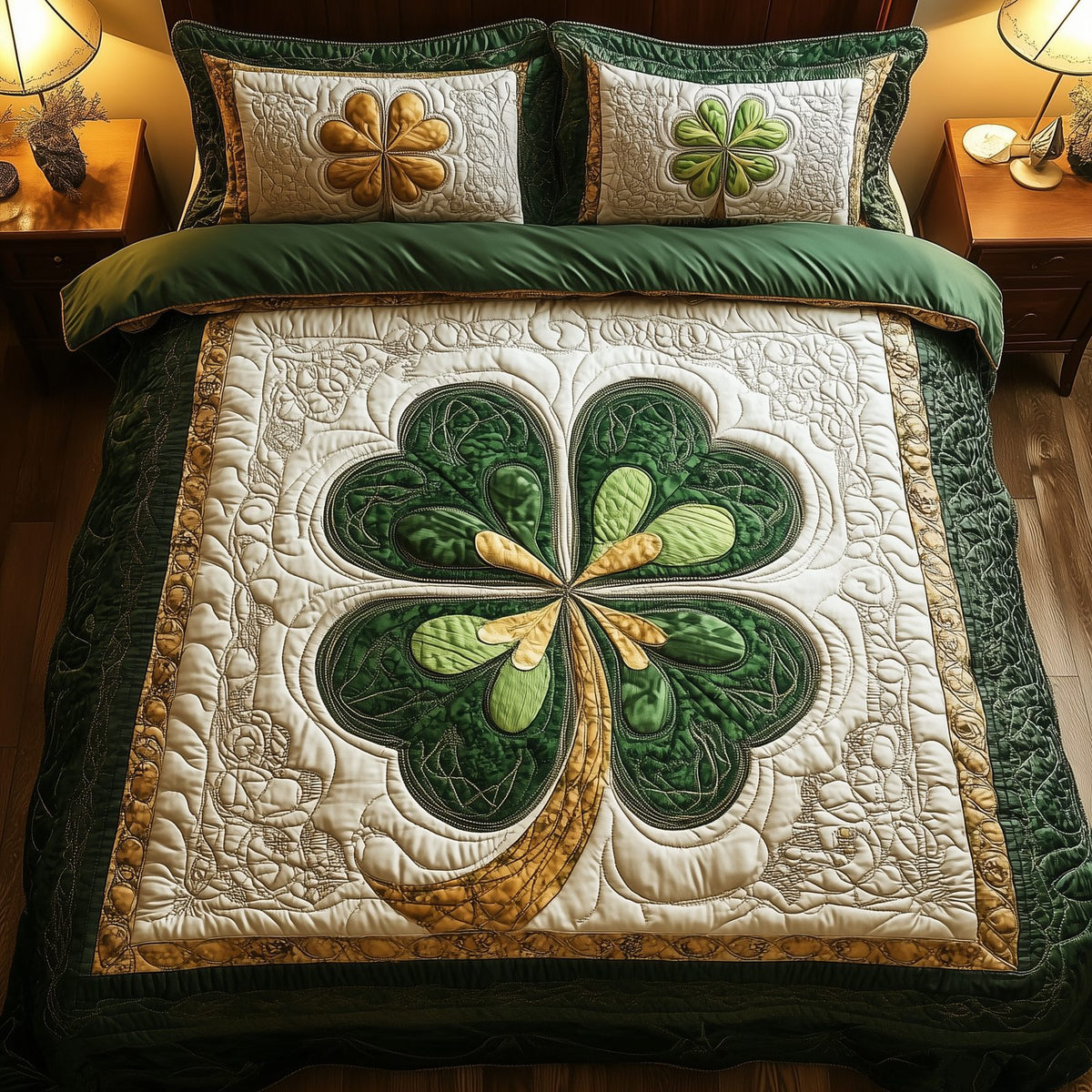 Irish Lucky Charm quilted 3-piece bedding set on a made bed with two matching pillow shams