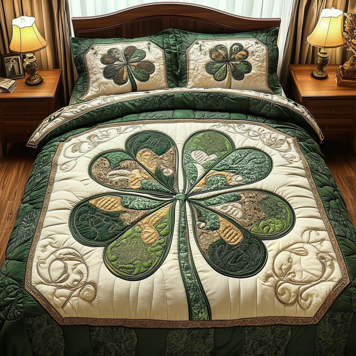 Irish Lucky Charm quilted 3-piece bedding set on a made bed with two matching pillow shams