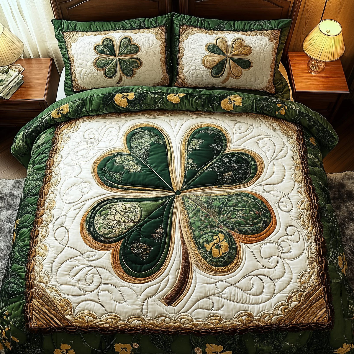 Irish Lucky Charm quilted 3-piece bedding set on a made bed with two matching pillow shams