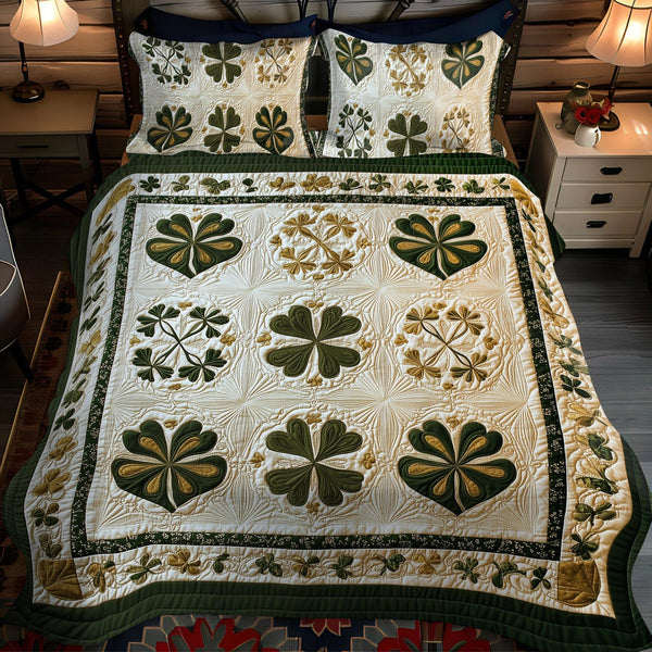 Irish Whimsy quilted 3-piece bedding set on a made bed with two matching pillow shams