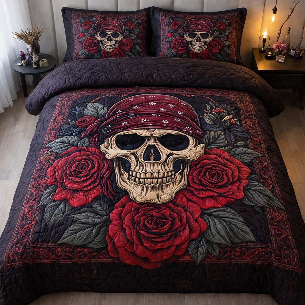 Iron Rose Skull quilted 3-piece bedding set on a made bed against a dark styled interior