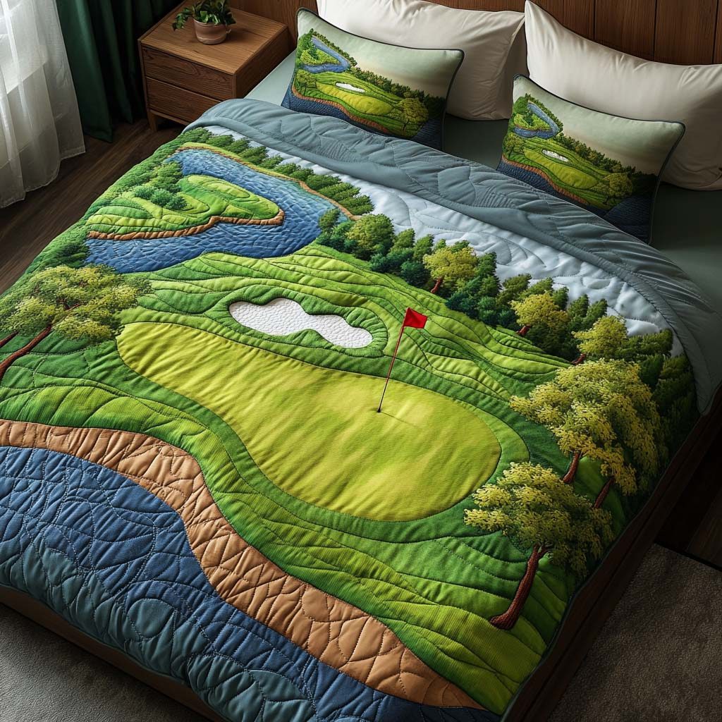 Ironwood Golf Course quilted 3-piece bedding set on a made bed with two matching pillow shams