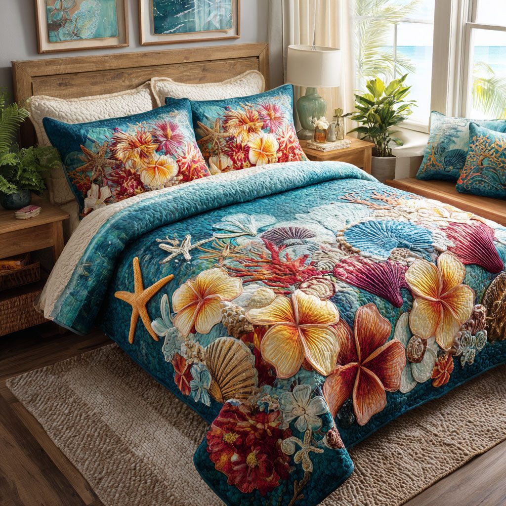Island Bloom quilted 3-piece bedding set on a made bed in a light coastal bedroom