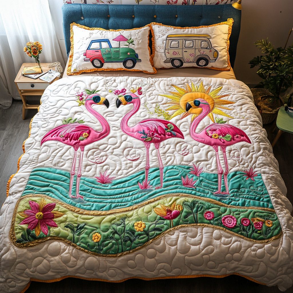 Island Breeze quilted 3-piece bedding set on a made bed in a light coastal bedroom