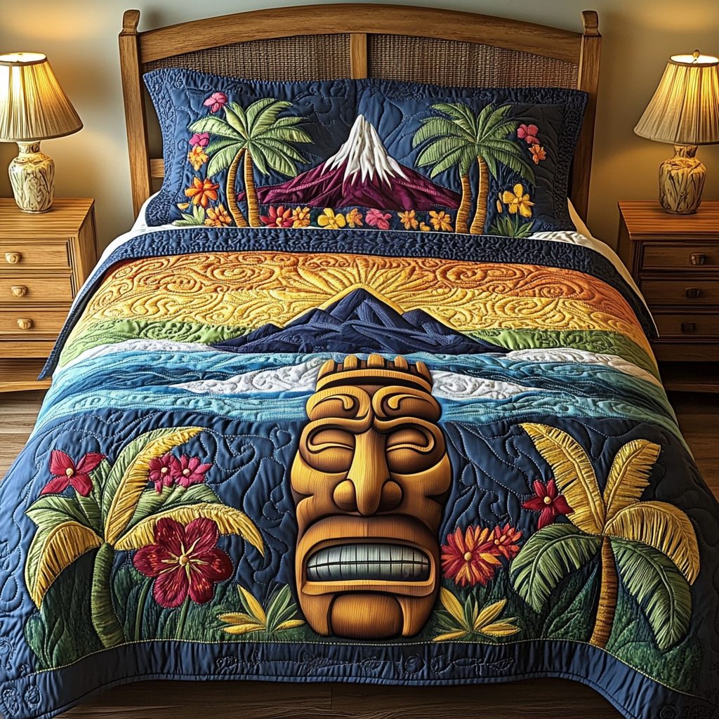 Island Carvings quilted 3-piece bedding set on a made bed in a light coastal bedroom