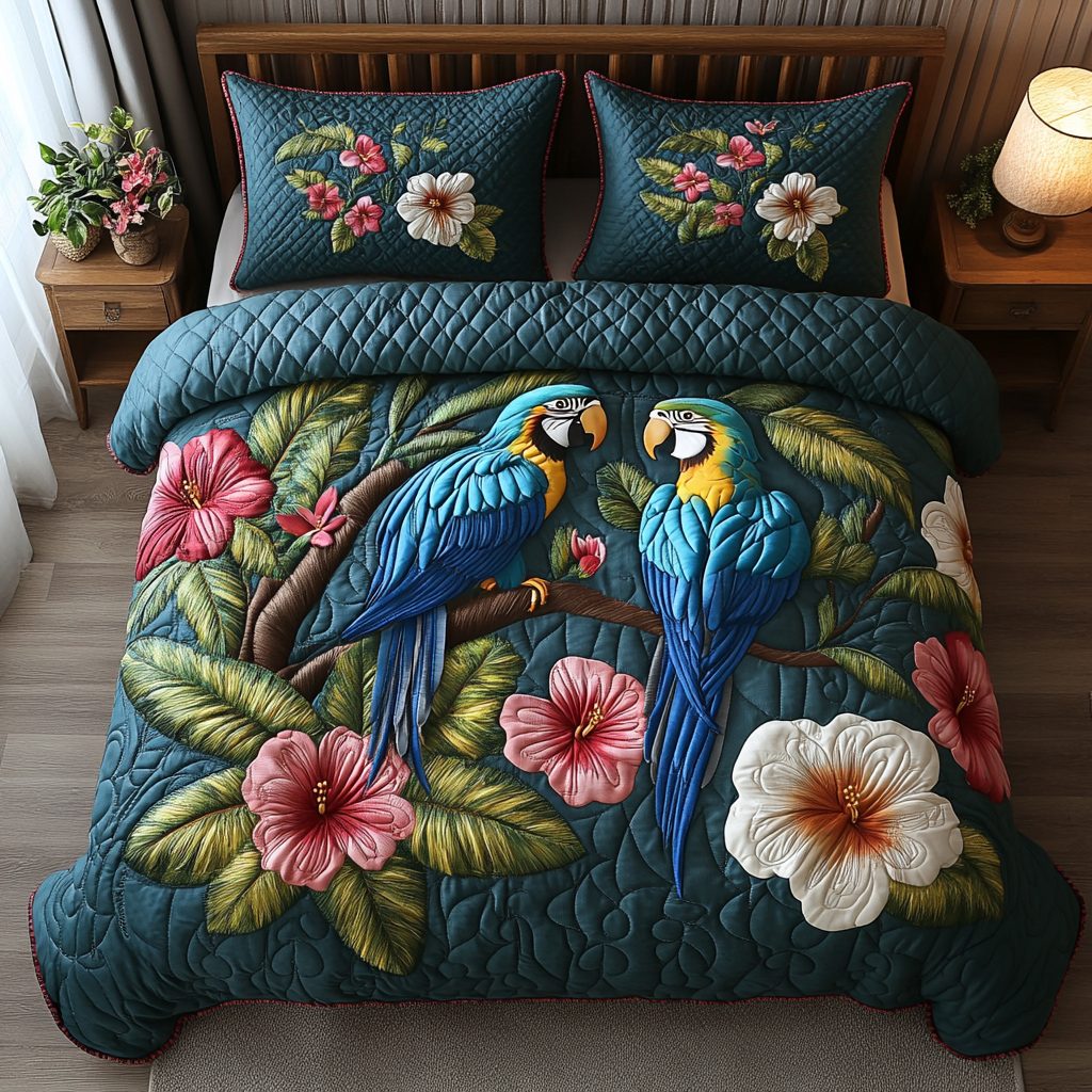 Island Chatter quilted 3-piece bedding set on a made bed in a light coastal bedroom
