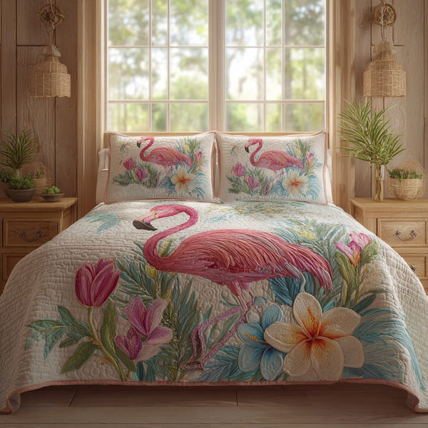 Island Elegance quilted 3-piece bedding set on a made bed in a light coastal bedroom
