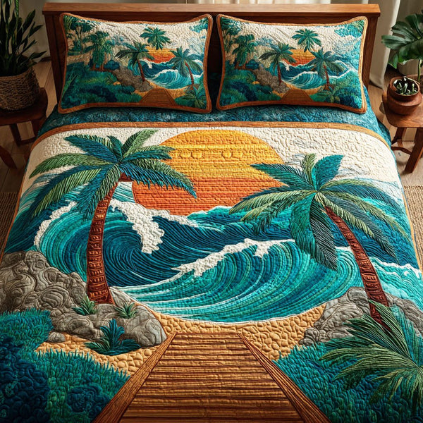 Island Escape quilted 3-piece bedding set on a made bed in a light coastal bedroom