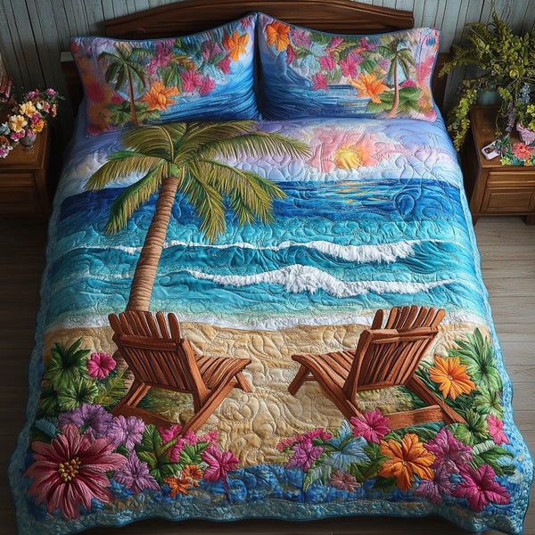 Island Escape quilted 3-piece bedding set on a made bed in a light coastal bedroom