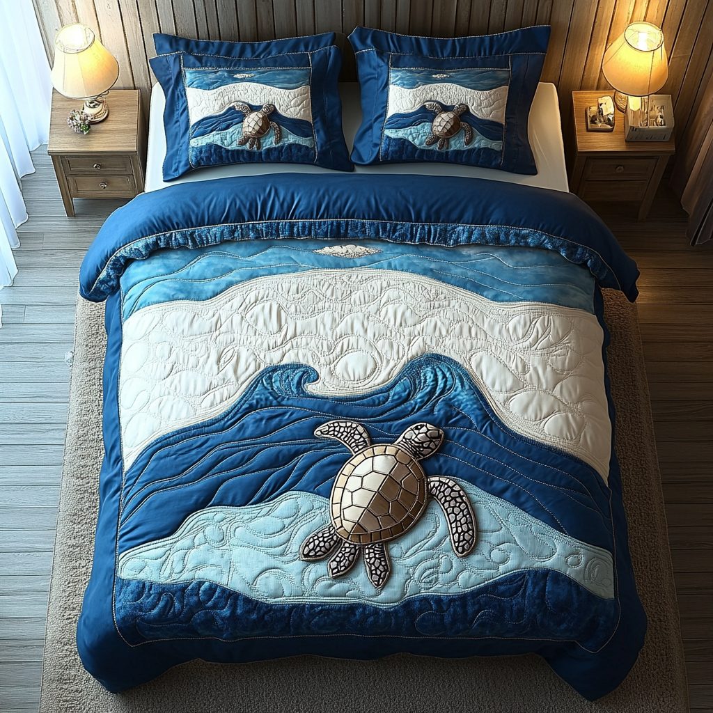 Island Floater quilted 3-piece bedding set on a made bed in a light coastal bedroom