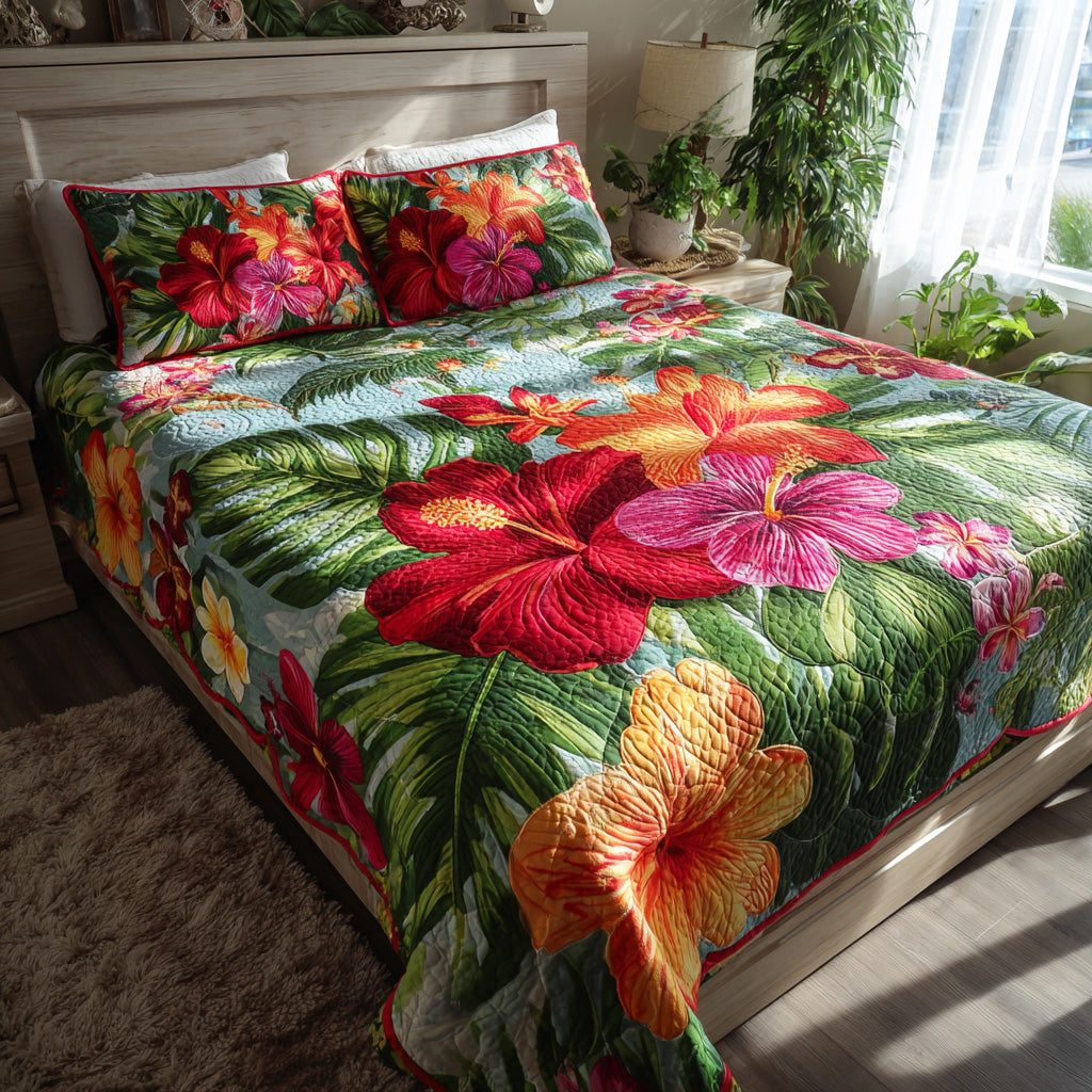 Island Foliage quilted 3-piece bedding set on a made bed in a light coastal bedroom