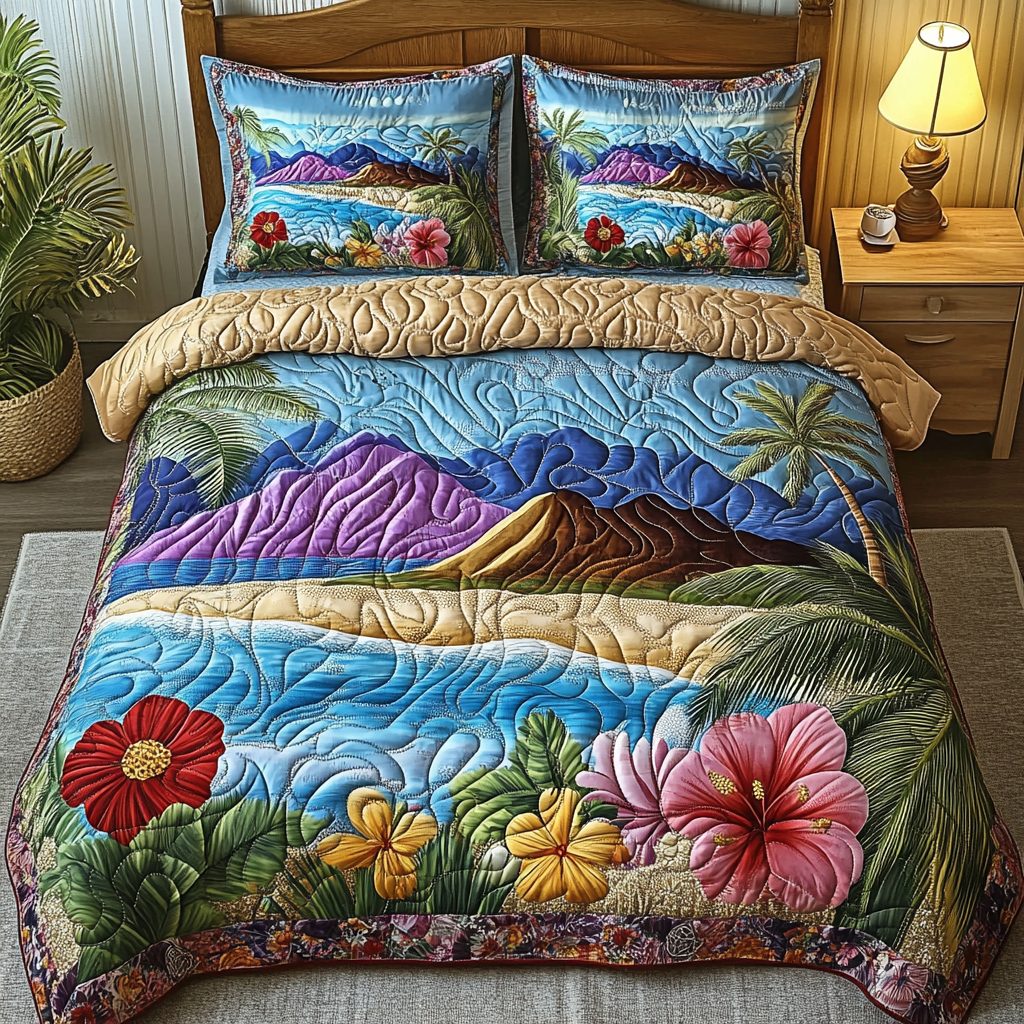 Island Horizon quilted 3-piece bedding set on a made bed in a light coastal bedroom