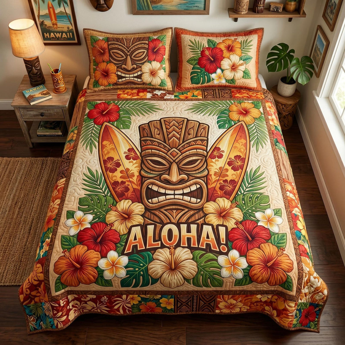 Island Mask quilted 3-piece bedding set on a made bed in a light coastal bedroom