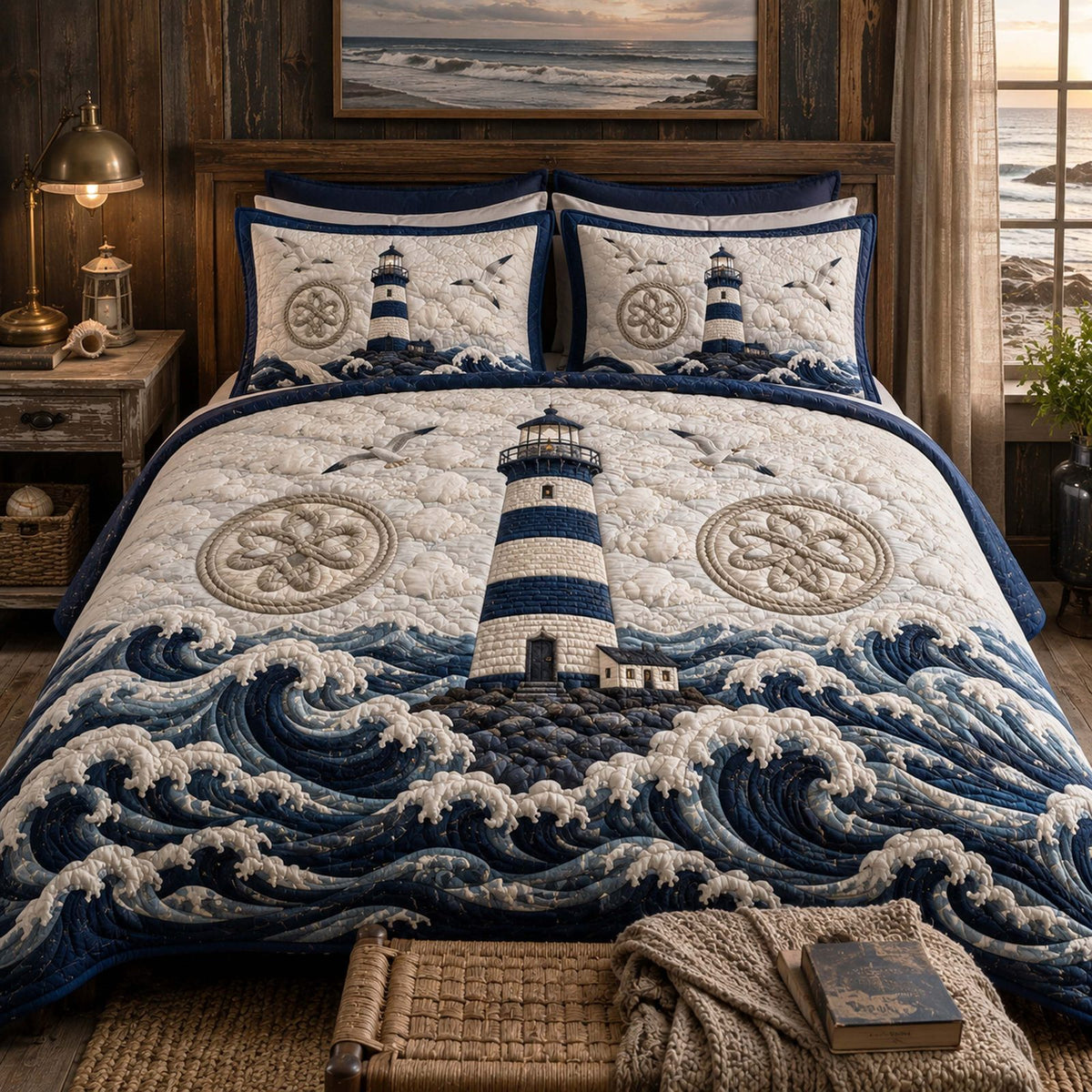 Island Morning quilted 3-piece bedding set on a made bed in a light coastal bedroom