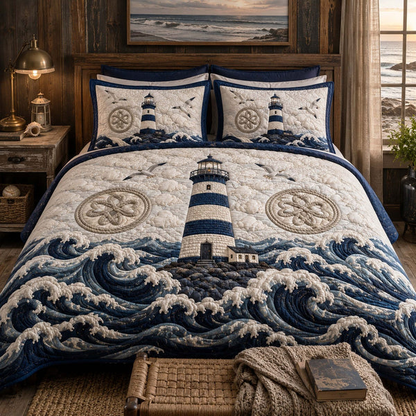 Island Morning quilted 3-piece bedding set on a made bed in a light coastal bedroom