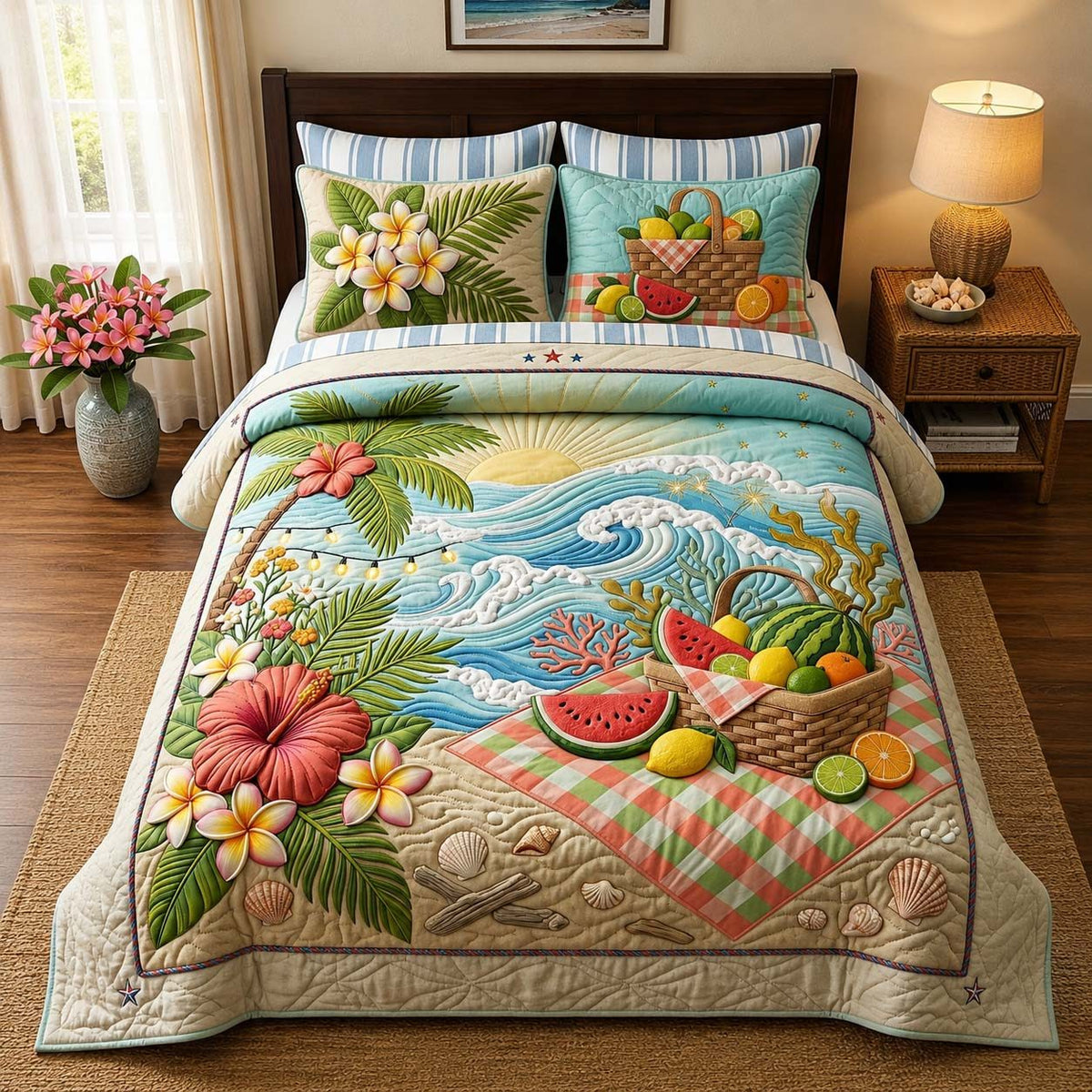 Island Picnic quilted 3-piece bedding set on a made bed in a light coastal bedroom