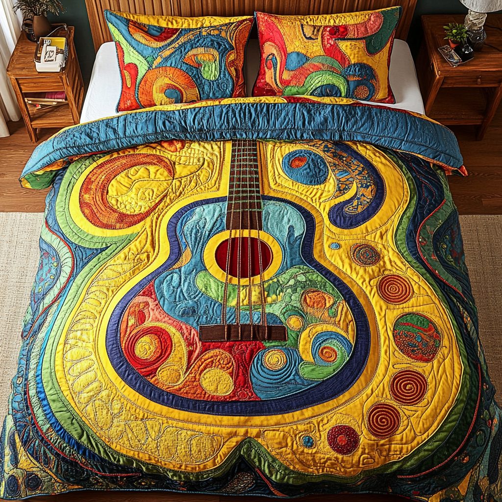 Island Rhythms quilted 3-piece bedding set on a made bed in a light coastal bedroom