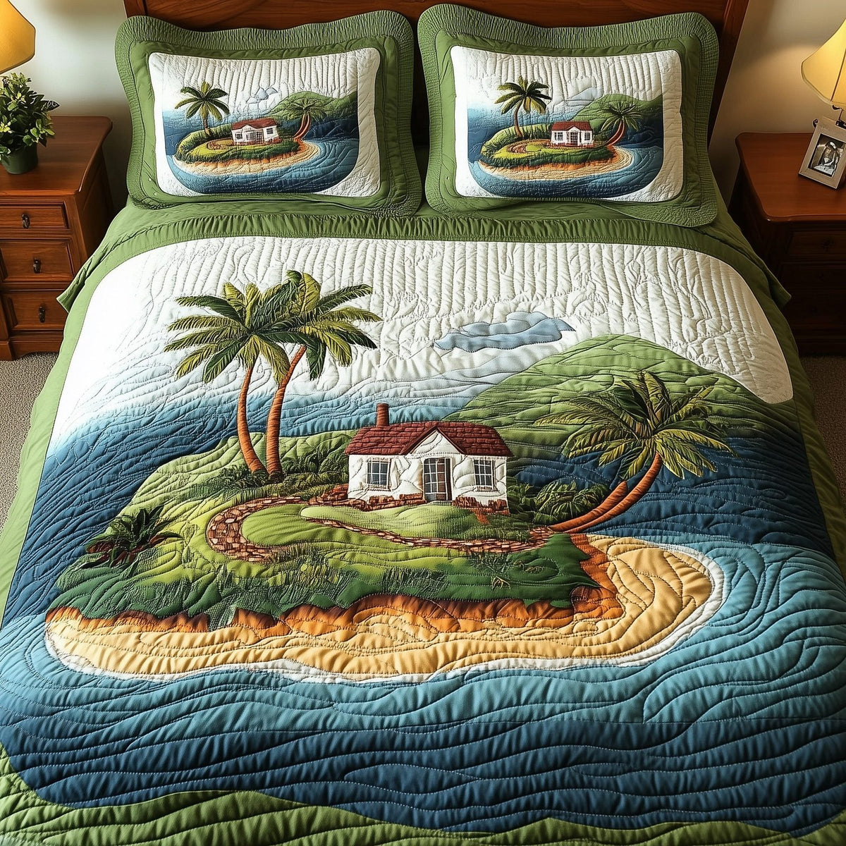 Island Serenity quilted 3-piece bedding set on a made bed in a light coastal bedroom
